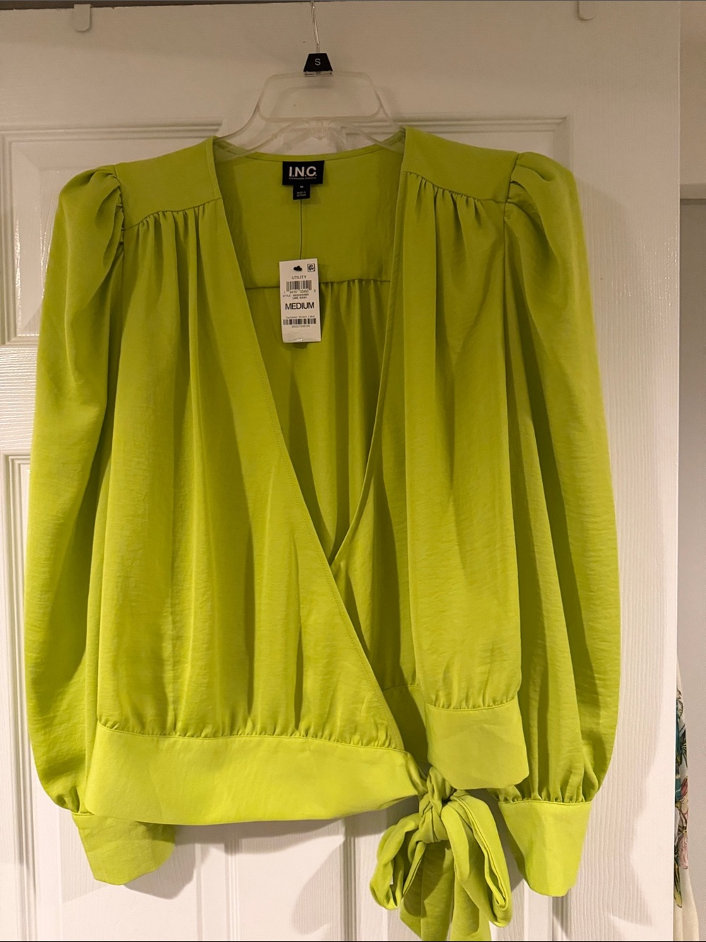 INC International Concepts Neon Lime Wrap Blouse with Tie Waist Medium
